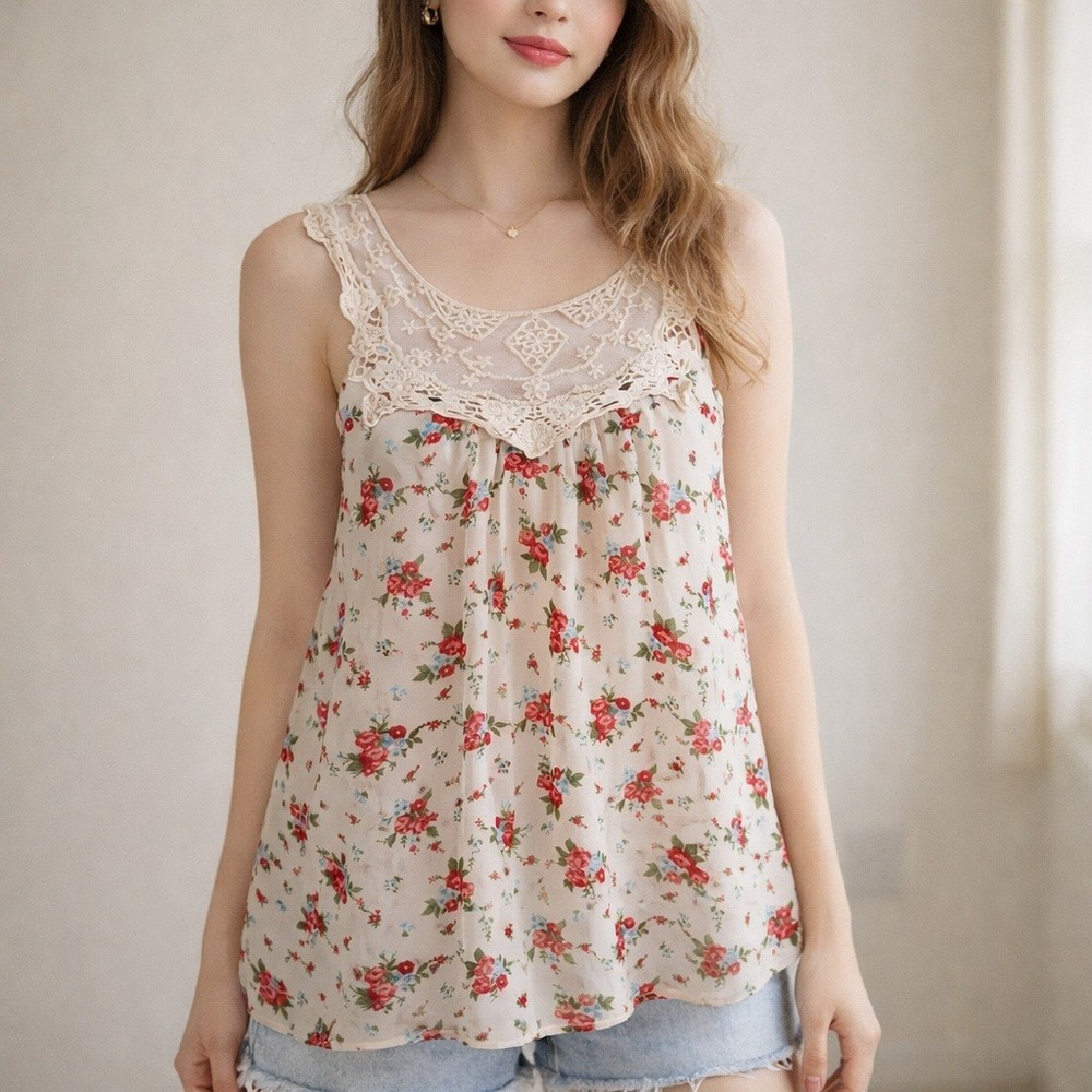 Vintage Y2K Forever 21 Cream Floral Lace Babydoll Tunic‎ Top Coquette S